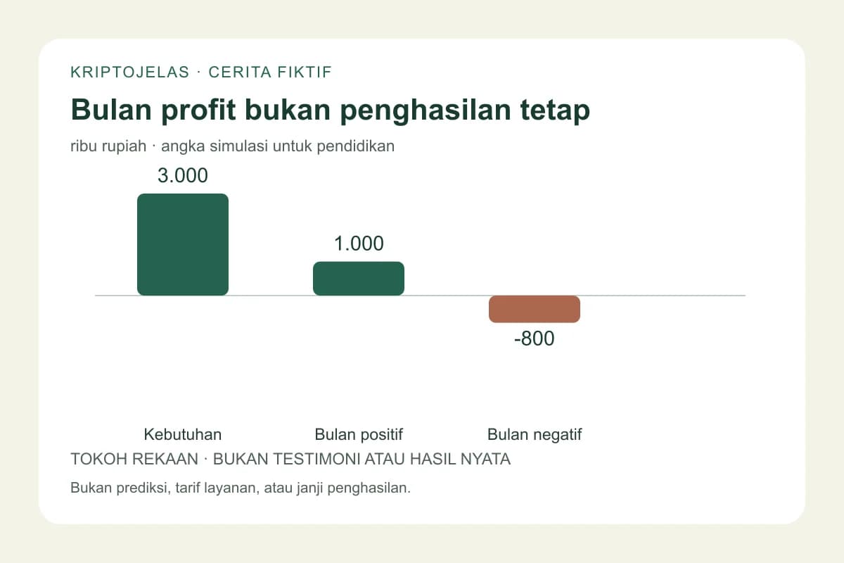 Diagram cerita fiktif Tika: kebutuhan Rp 3 juta dibanding hasil bulan positif Rp 1 juta dan hasil bulan negatif minus Rp 800 ribu.