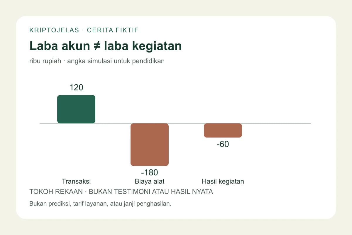 Diagram fiktif Sari: laba transaksi Rp 120 ribu dikurangi biaya alat Rp 180 ribu menghasilkan rugi kegiatan Rp 60 ribu.