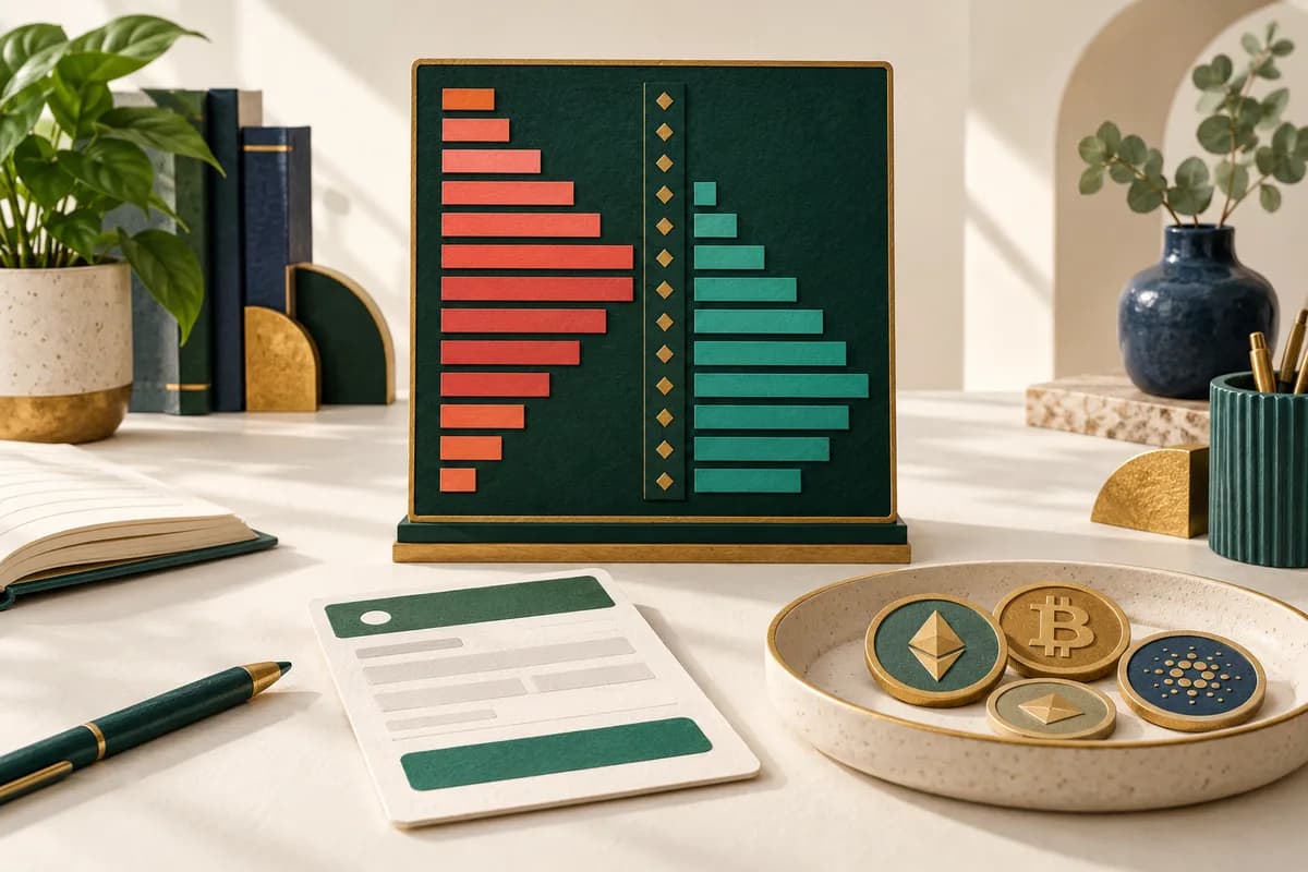 Papan order book beraksen emas dengan slip order dan baki koin sebagai ilustrasi mekanisme spot, bukan layar Binance.