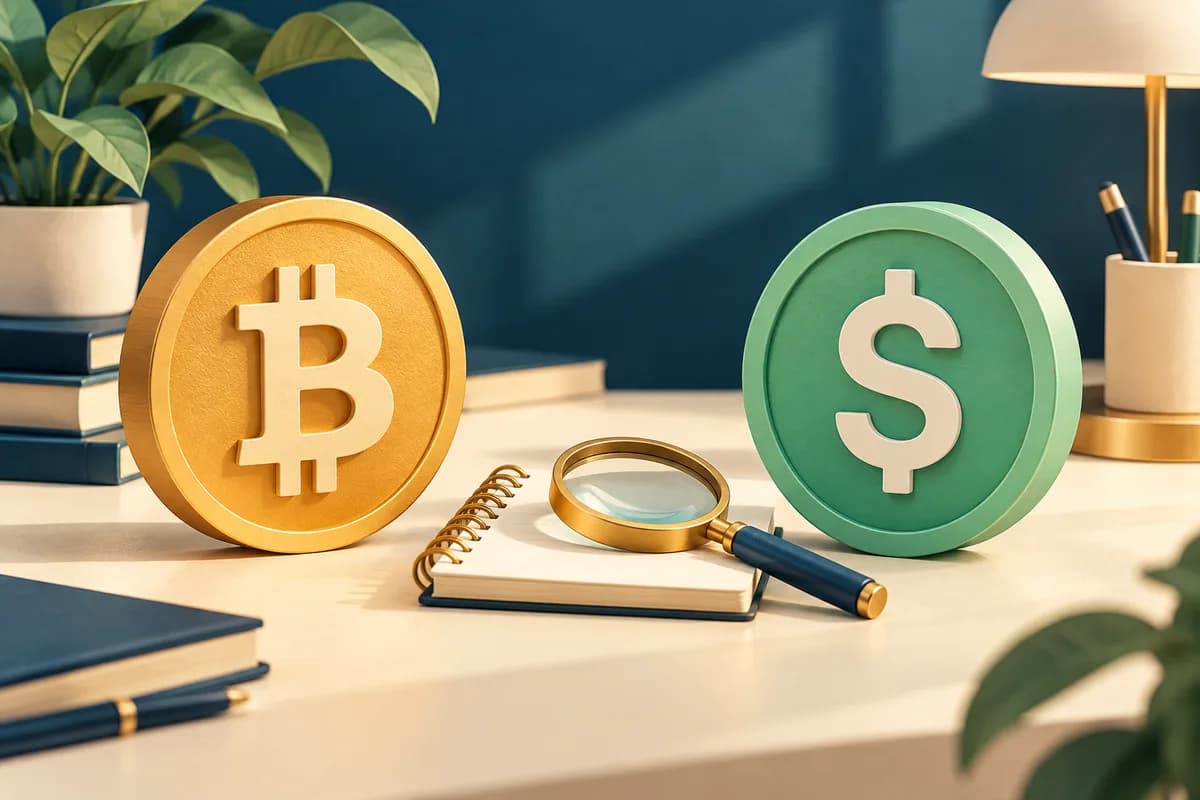 Ilustrasi token Bitcoin dan dolar dengan buku catatan untuk membandingkan karakter aset.
