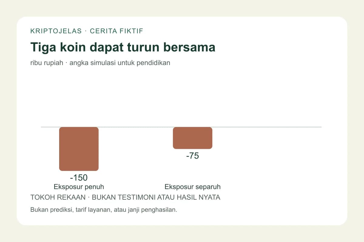 Diagram stress test fiktif Rani: kerugian tiga token Rp 150 ribu dibanding Rp 75 ribu saat setengah modal tidak ditempatkan.