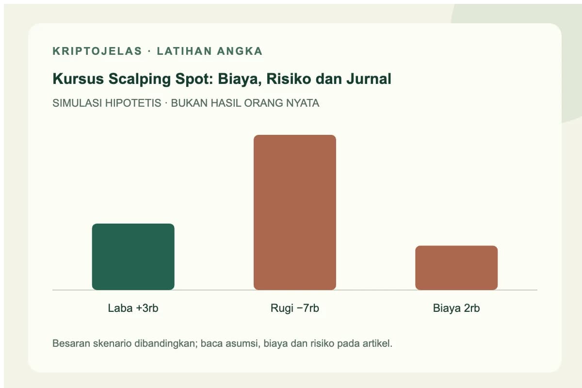 Alur latihan scalping spot dari rencana, biaya dan fill menuju jurnal serta evaluasi; contoh laba Rp3.000 dan rugi Rp7.000.