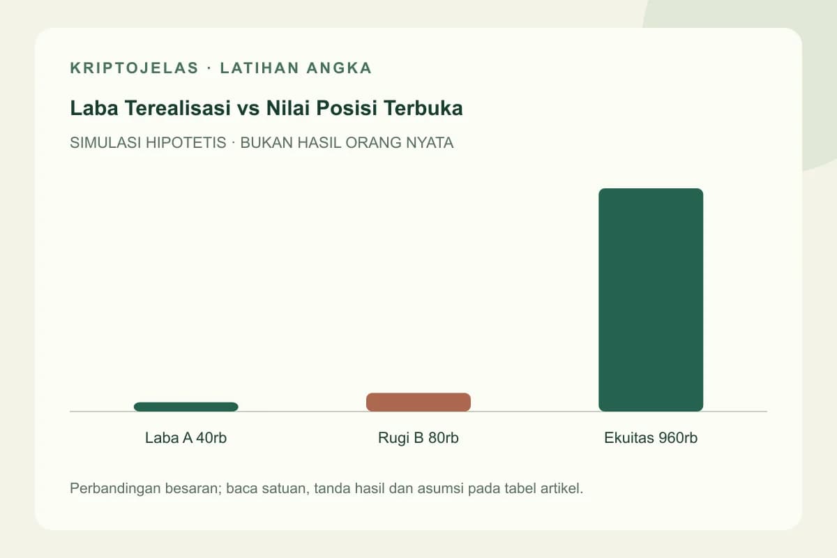 Diagram latihan laba terealisasi: Laba A 40rb, Rugi B 80rb, Ekuitas 960rb. Seluruh angka hipotetis, bukan hasil trader nyata.