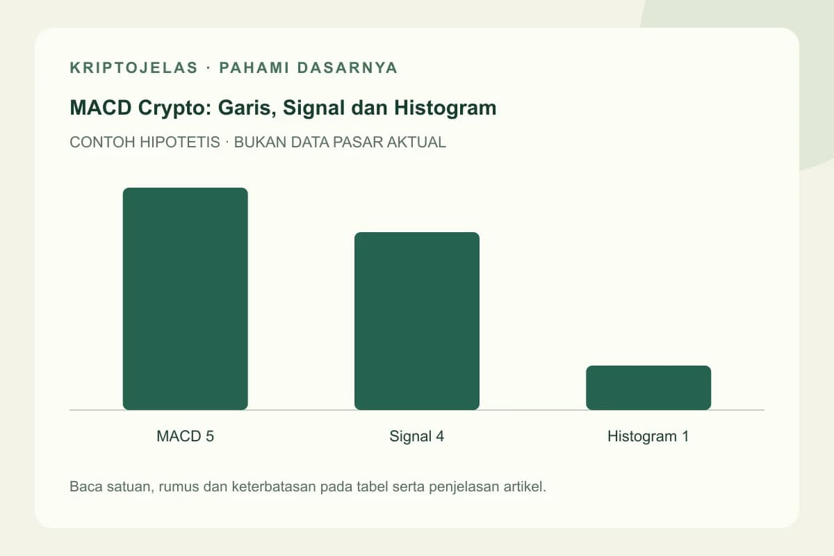 Diagram pendidikan macd crypto: MACD 5, Signal 4, Histogram 1. Contoh hipotetis, bukan harga atau hasil pasar aktual.