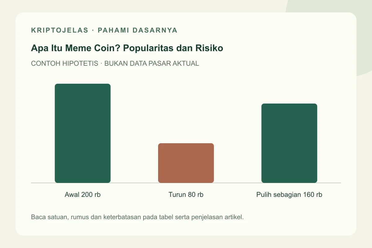 Diagram pendidikan meme coin adalah: Awal 200 rb, Turun 80 rb, Pulih sebagian 160 rb. Contoh hipotetis, bukan harga atau hasil pasar aktual.