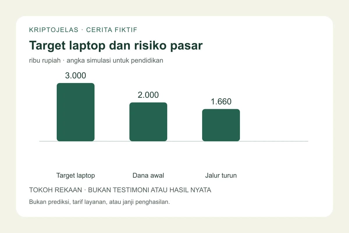 Diagram fiktif target laptop Fajar: target Rp 3 juta, modal awal Rp 2 juta, dana jalur turun setelah friksi Rp 1,66 juta.