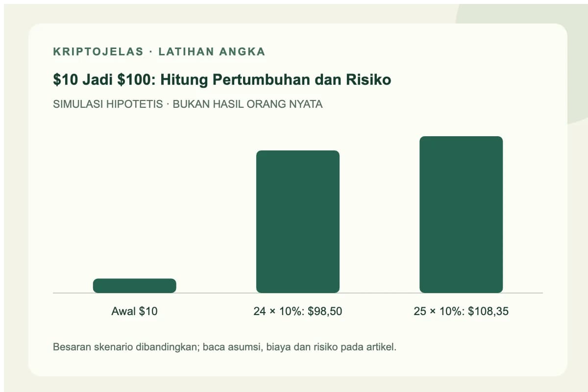 Diagram simulasi 10 dollar jadi 100 dollar: Awal $10, 24 × 10%: $98,50, 25 × 10%: $108,35. Angka latihan, bukan hasil trader nyata.