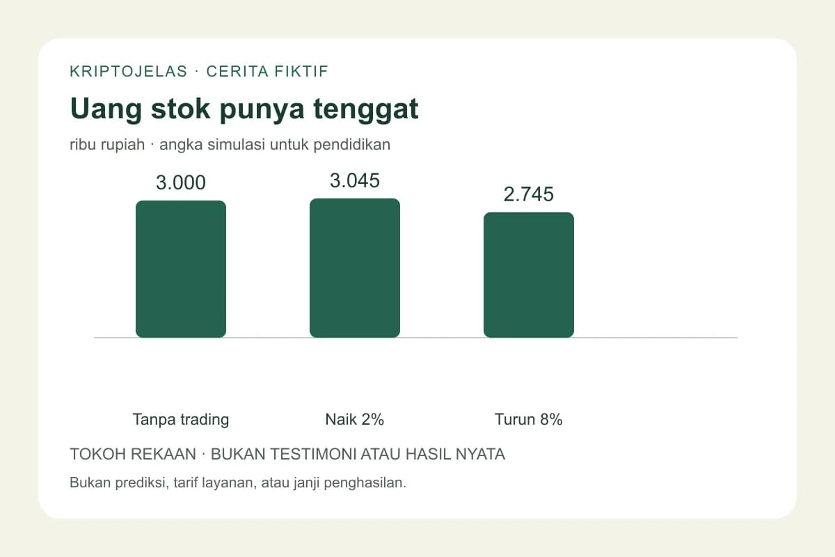 Perbandingan fiktif kas stok warung Arif: tanpa trading Rp 3 juta, jalur naik Rp 3,045 juta, jalur turun Rp 2,745 juta.