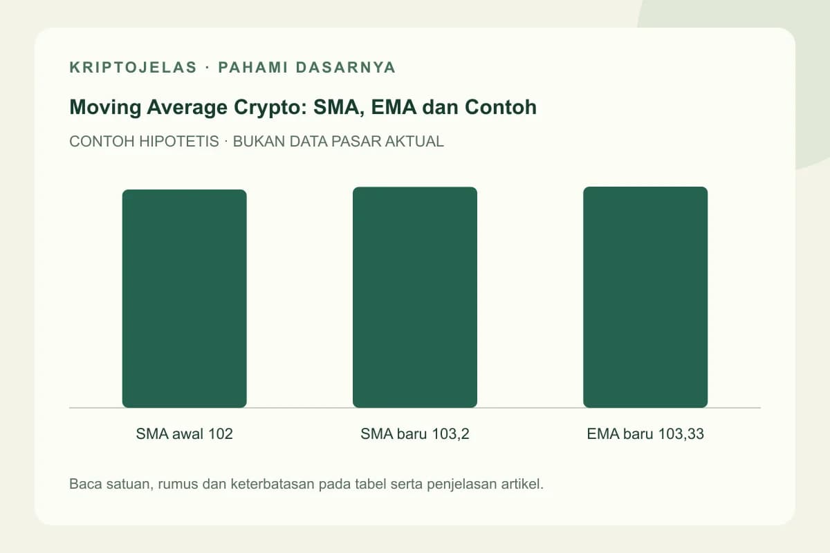 Diagram pendidikan moving average crypto: SMA awal 102, SMA baru 103,2, EMA baru 103,33. Contoh hipotetis, bukan harga atau hasil pasar aktual.