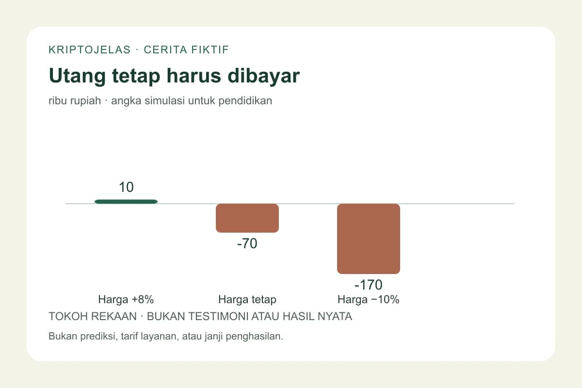 Diagram utang fiktif Eko: sisa setelah pelunasan plus Rp 10 ribu, kekurangan Rp 70 ribu atau kekurangan Rp 170 ribu.