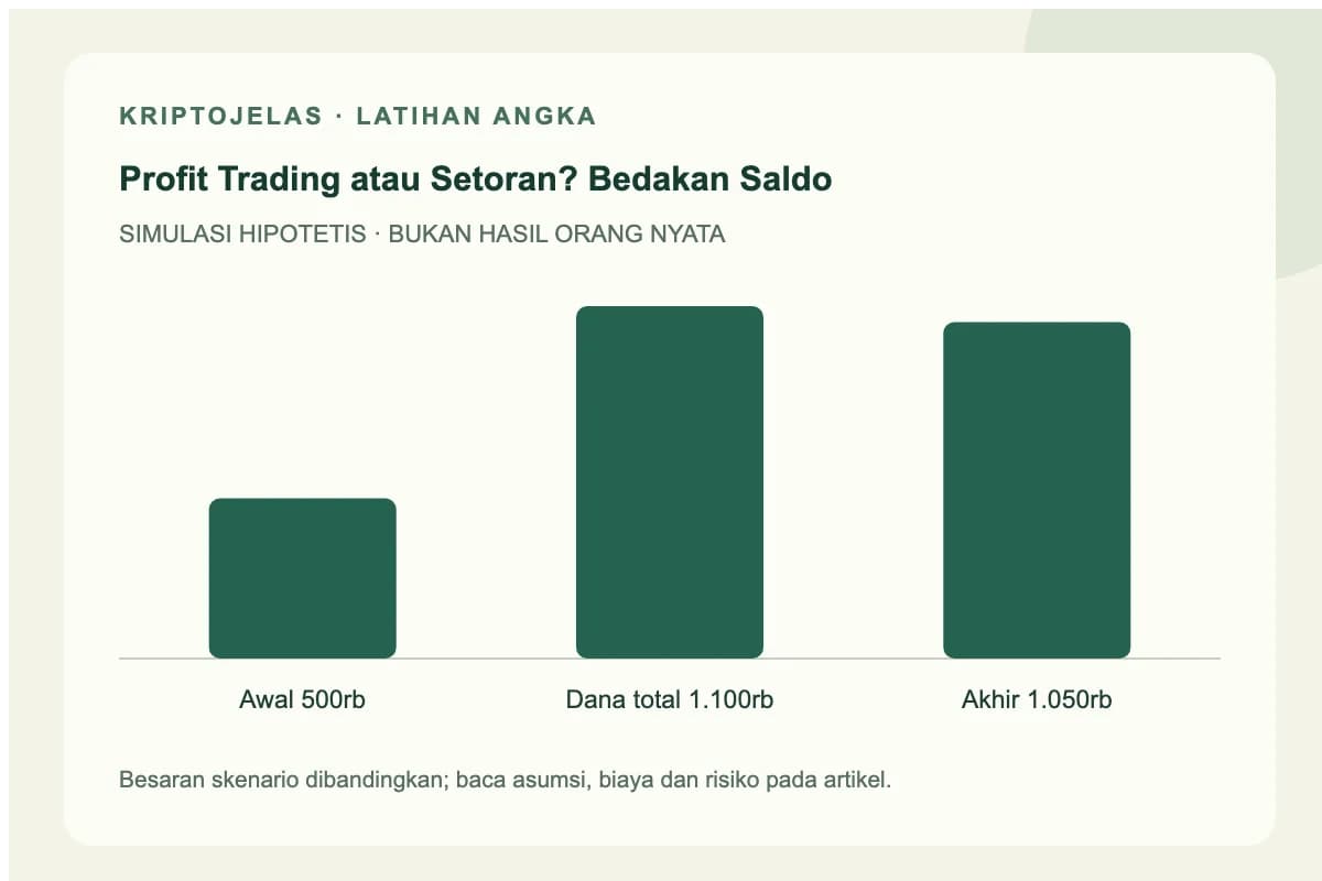 Diagram simulasi profit trading atau setoran: Awal 500rb, Dana total 1.100rb, Akhir 1.050rb. Angka latihan, bukan hasil trader nyata.