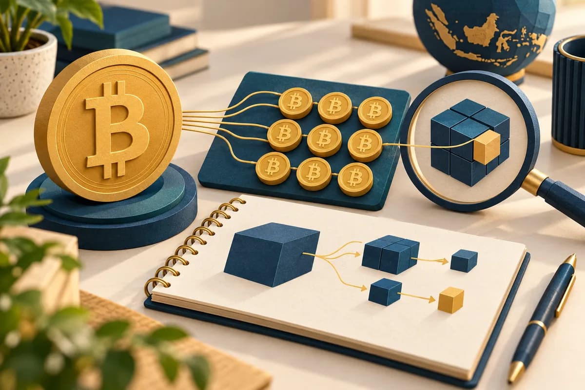 Ilustrasi satu token Bitcoin dan unit-unit kecil dengan kaca pembesar untuk mempelajari pecahan satoshi.