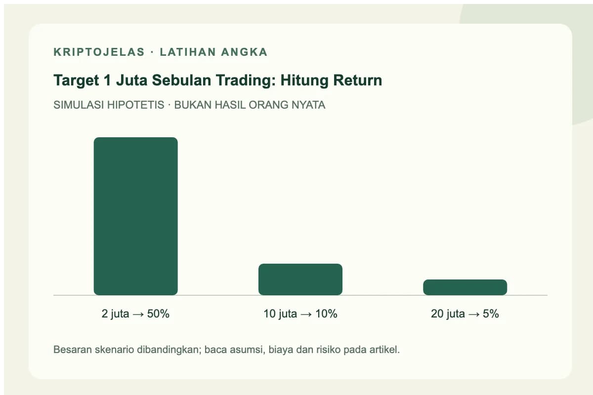 Diagram simulasi 1 juta sebulan trading: 2 juta → 50%, 10 juta → 10%, 20 juta → 5%. Angka latihan, bukan hasil trader nyata.