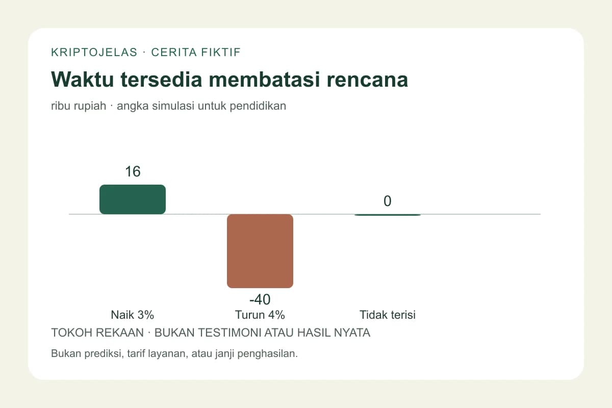 Diagram cerita fiktif Yoga: hasil rencana akhir pekan plus Rp 16 ribu, minus Rp 40 ribu, atau nol jika order tidak terisi.