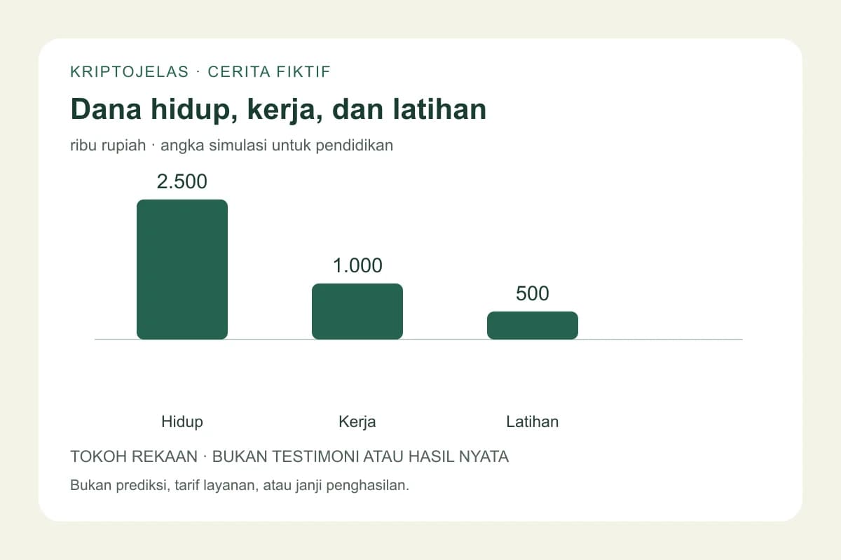 Diagram anggaran fiktif Nisa: Rp 2,5 juta kebutuhan hidup, Rp 1 juta pekerjaan dan Rp 500 ribu dana latihan berisiko.