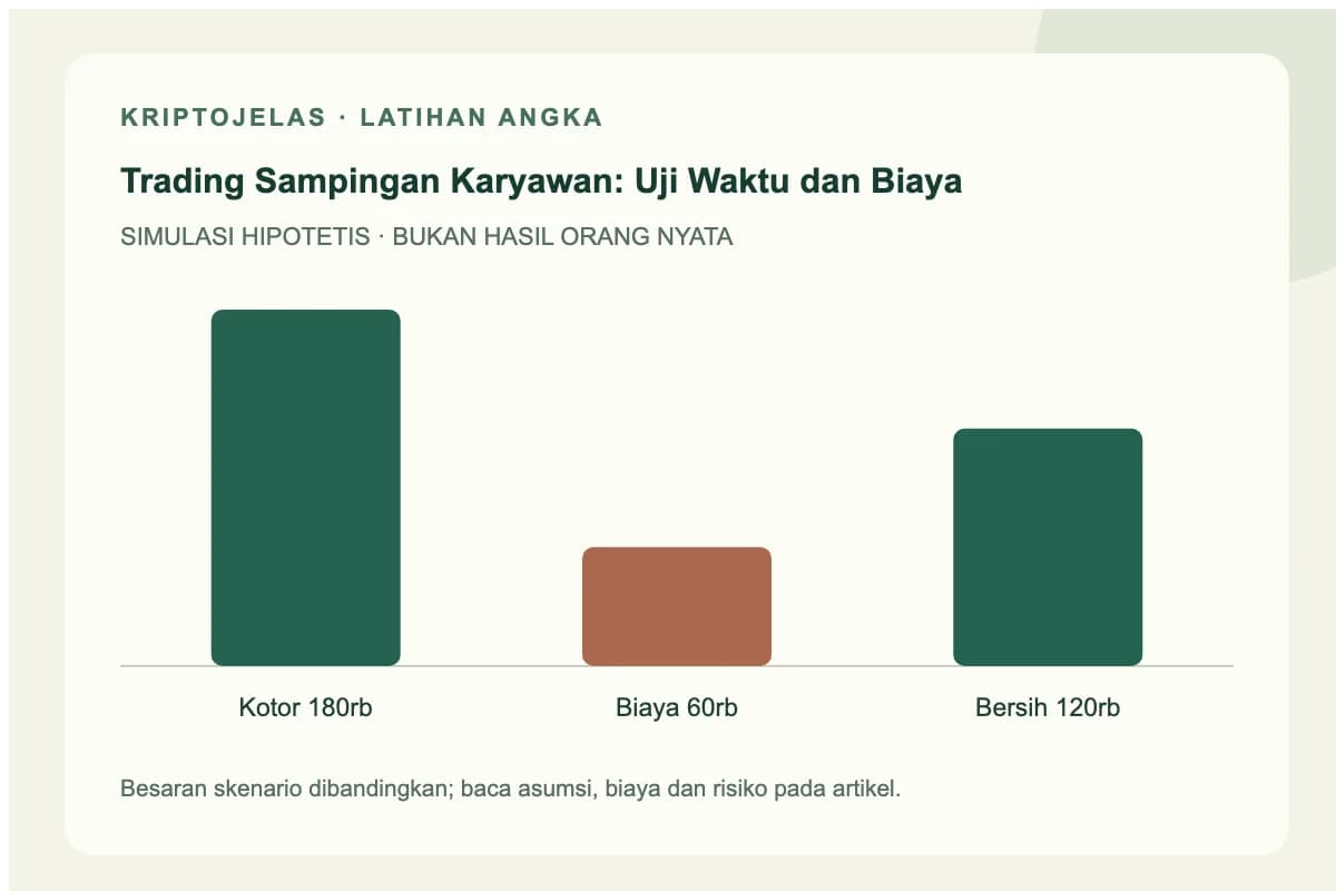 Diagram simulasi trading sampingan karyawan: Kotor 180rb, Biaya 60rb, Bersih 120rb. Angka latihan, bukan hasil trader nyata.