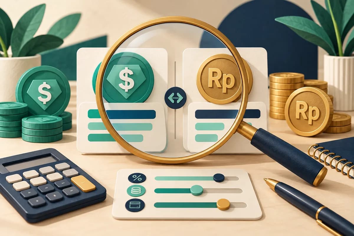 Ilustrasi dua penawaran, token dolar dan rupiah, serta kalkulator untuk memeriksa biaya konversi.
