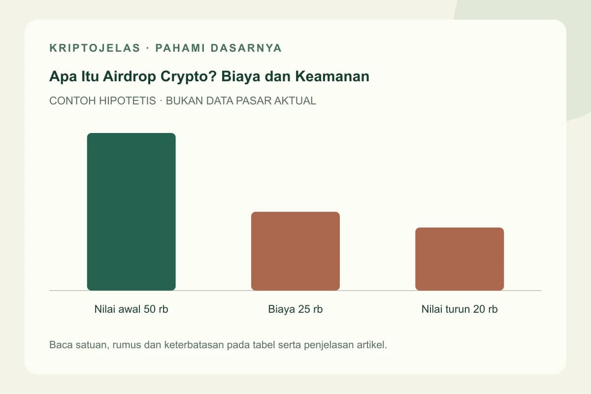 Diagram pendidikan airdrop crypto adalah: Nilai awal 50 rb, Biaya 25 rb, Nilai turun 20 rb. Contoh hipotetis, bukan harga atau hasil pasar aktual.
