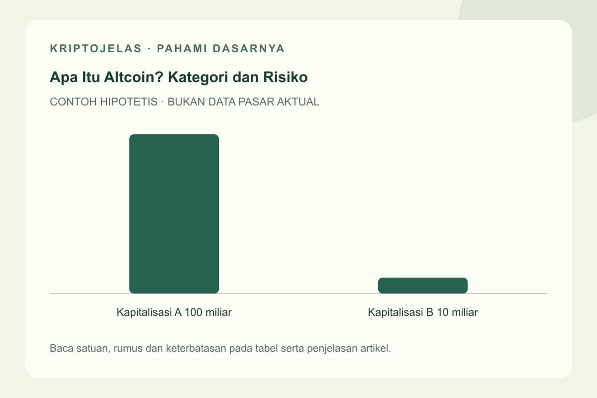 Diagram pendidikan altcoin adalah: Kapitalisasi A 100 miliar, Kapitalisasi B 10 miliar. Contoh hipotetis, bukan harga atau hasil pasar aktual.