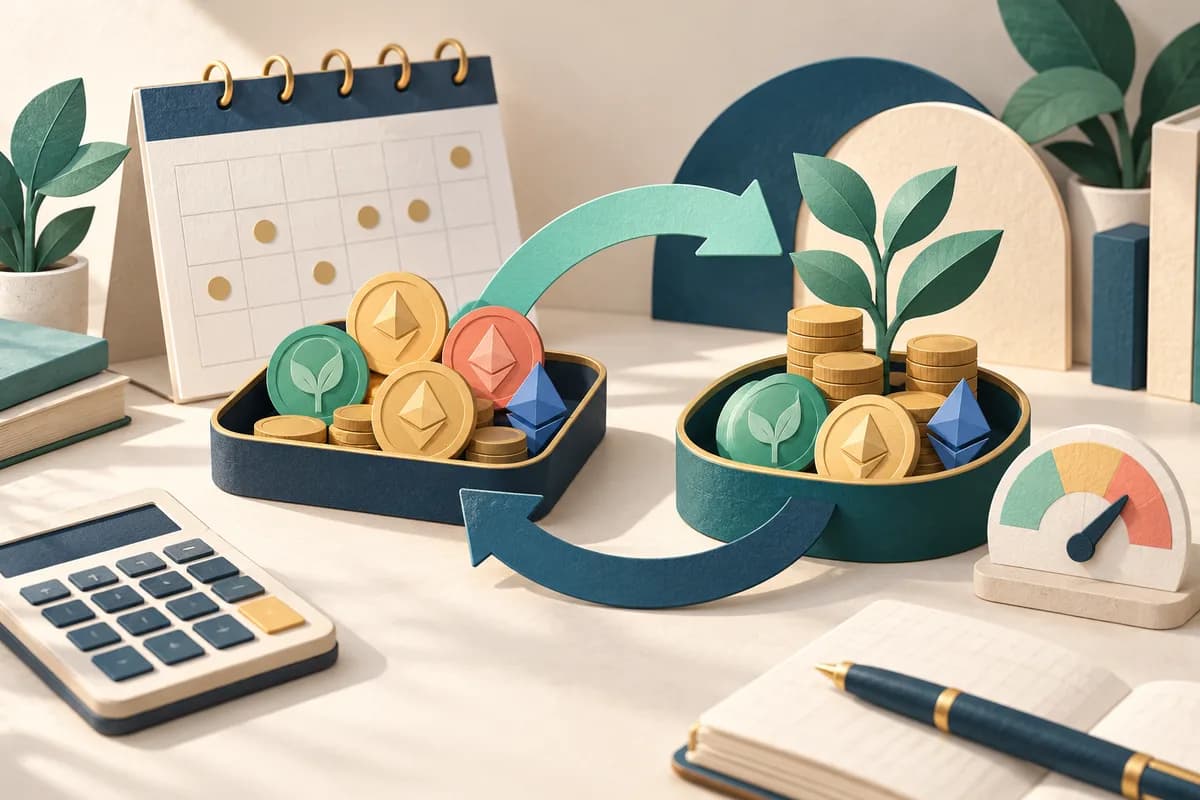 Ilustrasi kalender imbalan, wadah reinvestasi dan kalkulator untuk membandingkan APR serta APY secara konseptual.