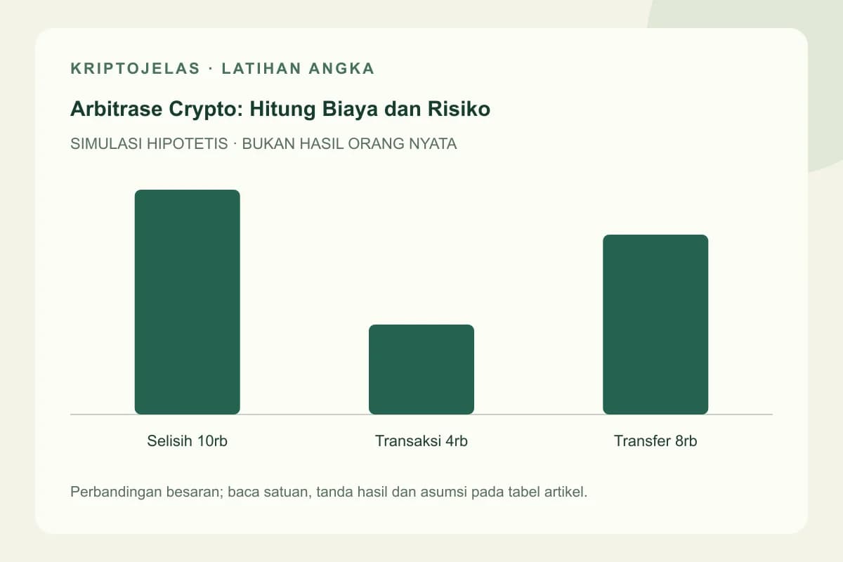 Diagram latihan arbitrase crypto Indonesia: Selisih 10rb, Transaksi 4rb, Transfer 8rb. Seluruh angka hipotetis, bukan hasil trader nyata.