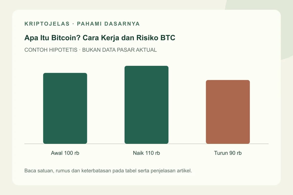 Diagram pendidikan bitcoin adalah: Awal 100 rb, Naik 110 rb, Turun 90 rb. Contoh hipotetis, bukan harga atau hasil pasar aktual.