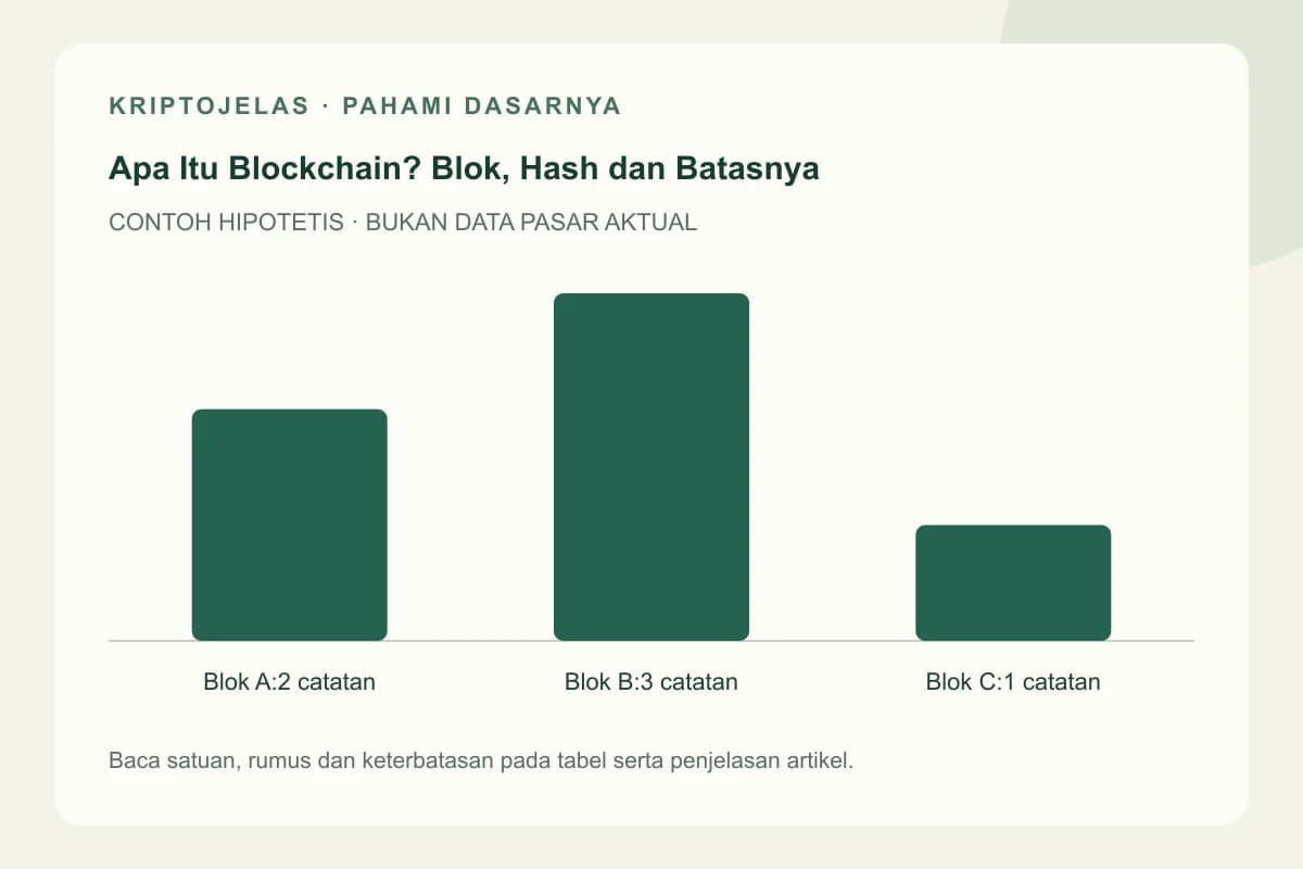 Diagram pendidikan blockchain adalah: Blok A:2 catatan, Blok B:3 catatan, Blok C:1 catatan. Contoh hipotetis, bukan harga atau hasil pasar aktual.
