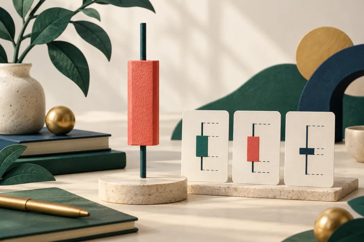 Batang candlestick dengan body dan dua wick di samping kartu data pembukaan, tertinggi, terendah dan penutupan.