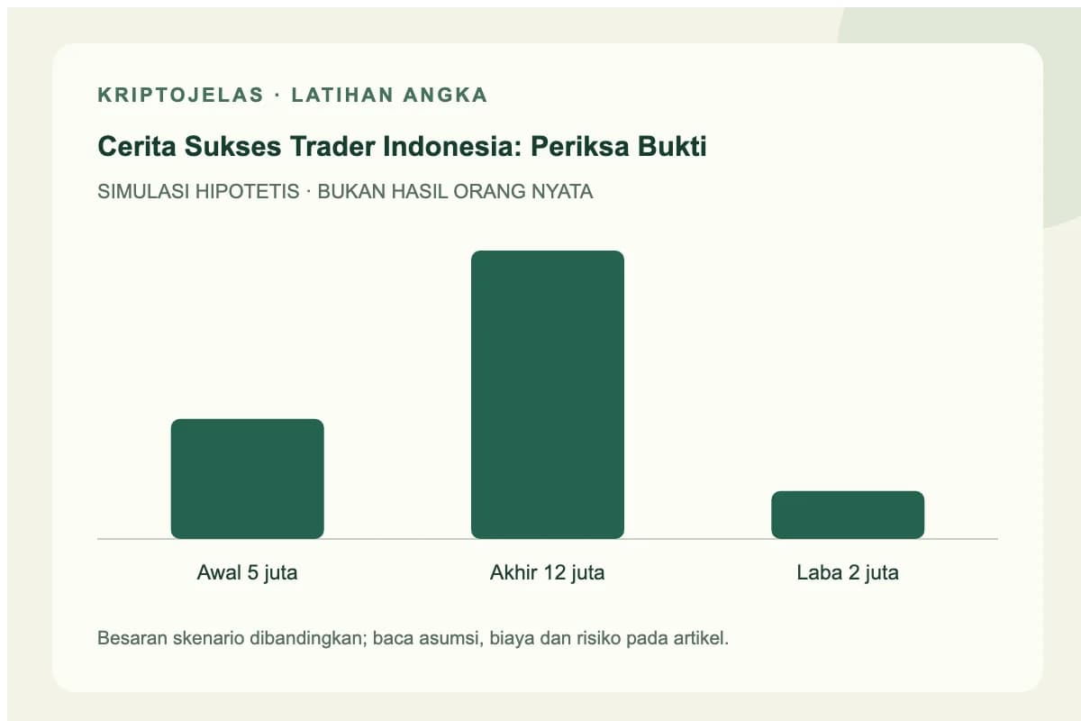 Diagram simulasi cerita sukses trader Indonesia: Awal 5 juta, Akhir 12 juta, Laba 2 juta. Angka latihan, bukan hasil trader nyata.
