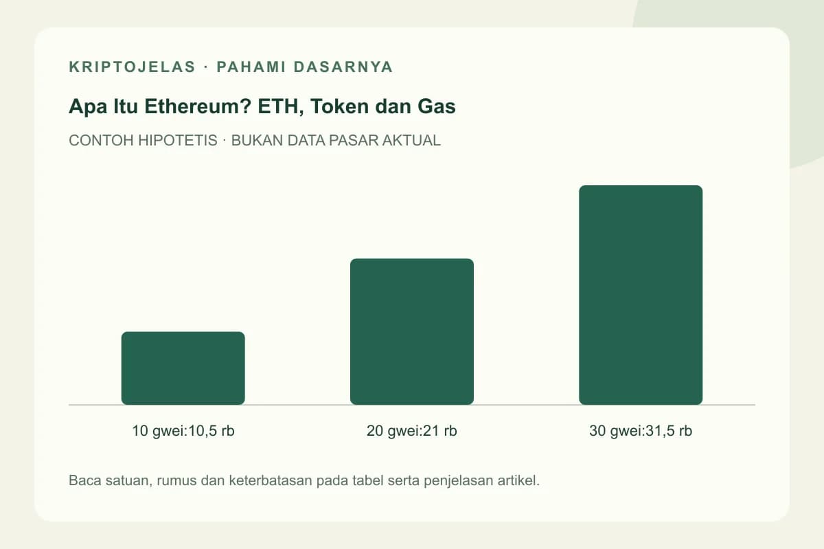 Diagram pendidikan ethereum adalah: 10 gwei:10,5 rb, 20 gwei:21 rb, 30 gwei:31,5 rb. Contoh hipotetis, bukan harga atau hasil pasar aktual.