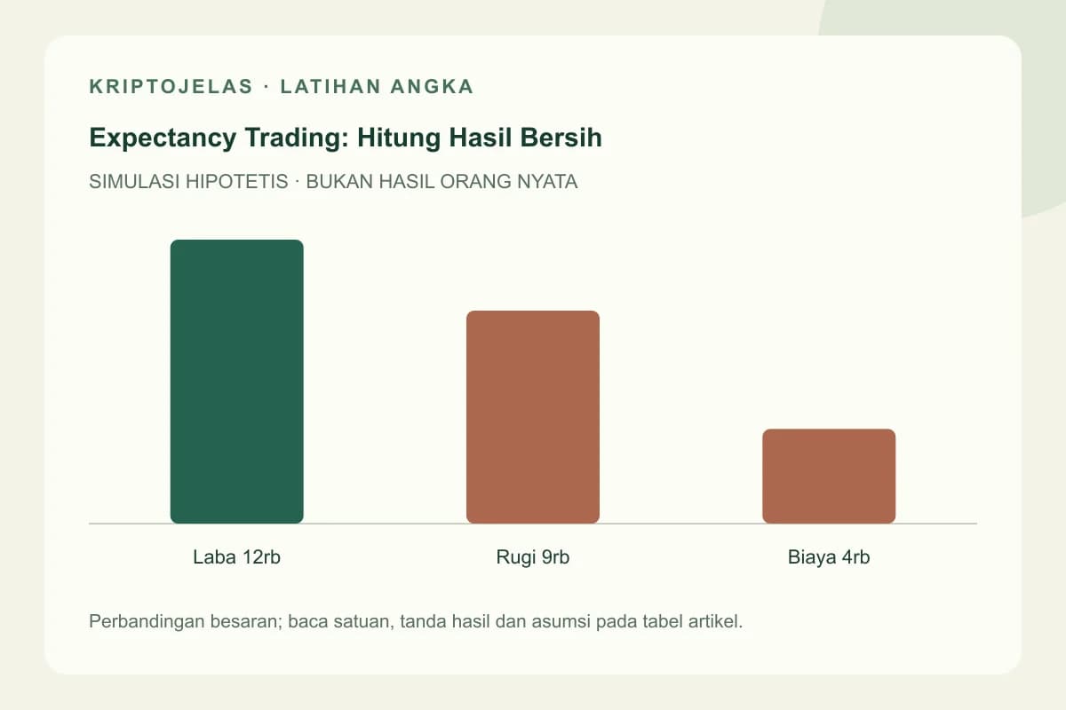 Diagram latihan expectancy trading: Laba 12rb, Rugi 9rb, Biaya 4rb. Seluruh angka hipotetis, bukan hasil trader nyata.