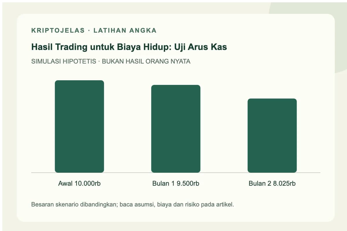 Diagram simulasi hasil trading biaya hidup: Awal 10.000rb, Bulan 1 9.500rb, Bulan 2 8.025rb. Angka latihan, bukan hasil trader nyata.