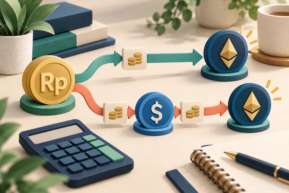 Ilustrasi jalur pembelian langsung dari rupiah dan jalur melalui token dolar dengan komponen biaya di setiap langkah.