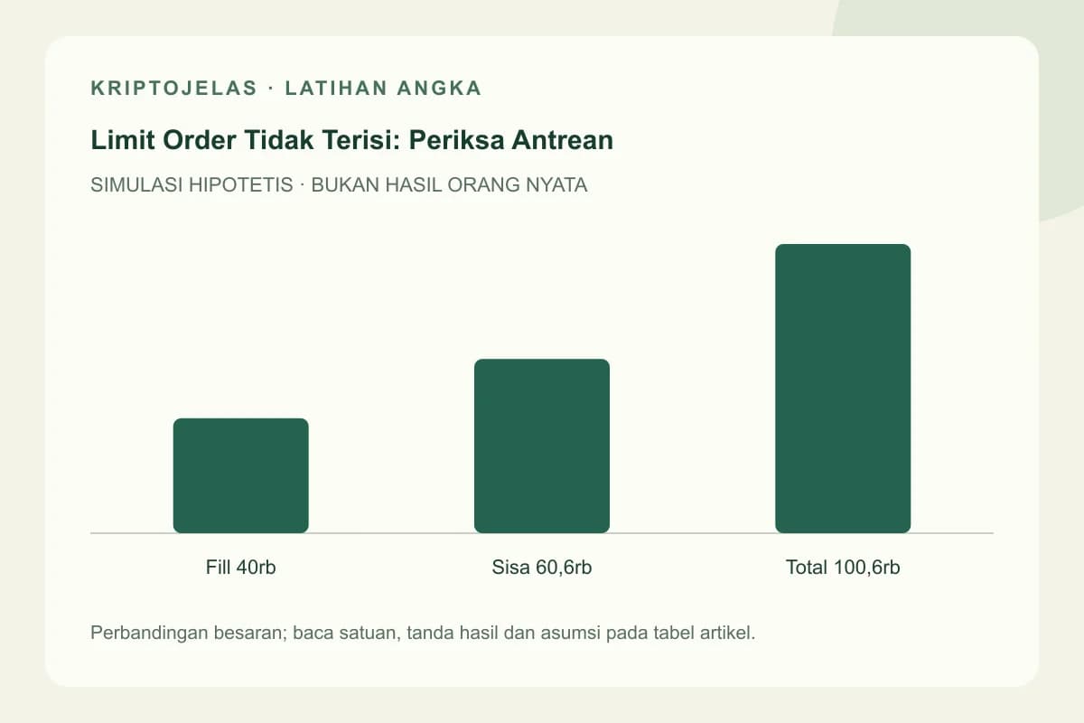Diagram latihan limit order tidak terisi: Fill 40rb, Sisa 60,6rb, Total 100,6rb. Seluruh angka hipotetis, bukan hasil trader nyata.