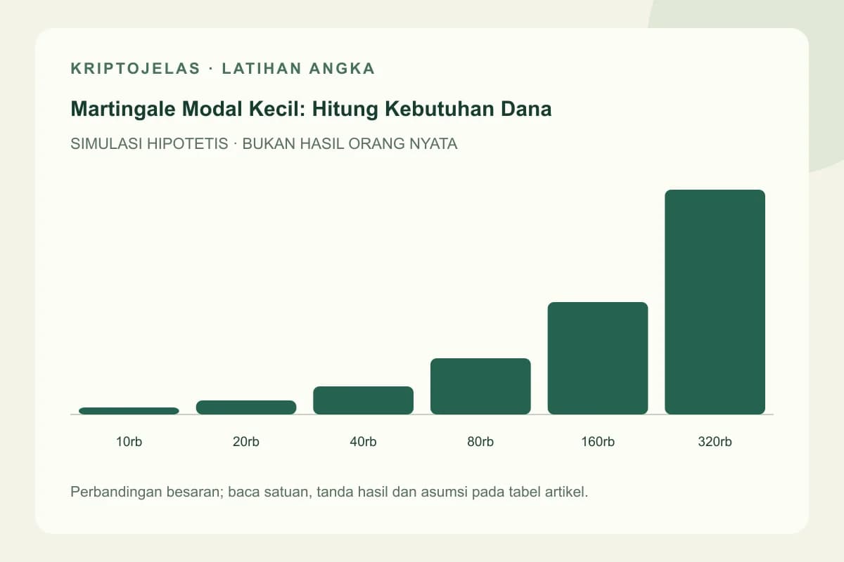 Diagram latihan martingale trading: 10rb, 20rb, 40rb, 80rb, 160rb, 320rb. Seluruh angka hipotetis, bukan hasil trader nyata.
