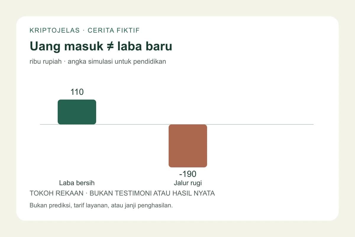 Diagram cerita fiktif Dimas: hasil ekonomi positif Rp 110.000 dan negatif Rp 190.000 setelah biaya penarikan.