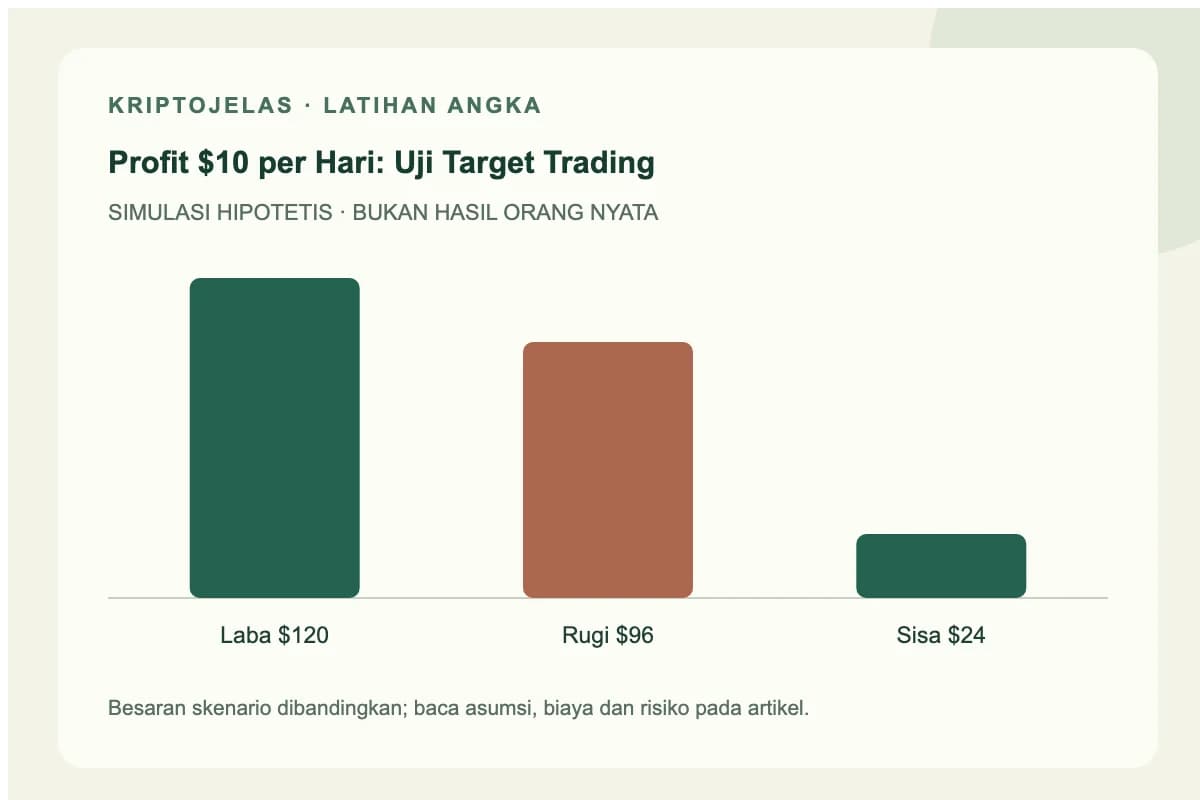 Diagram simulasi profit 10 dollar per hari: Laba $120, Rugi $96, Sisa $24. Angka latihan, bukan hasil trader nyata.