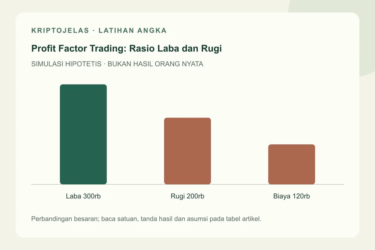 Diagram latihan profit factor trading: Laba 300rb, Rugi 200rb, Biaya 120rb. Seluruh angka hipotetis, bukan hasil trader nyata.