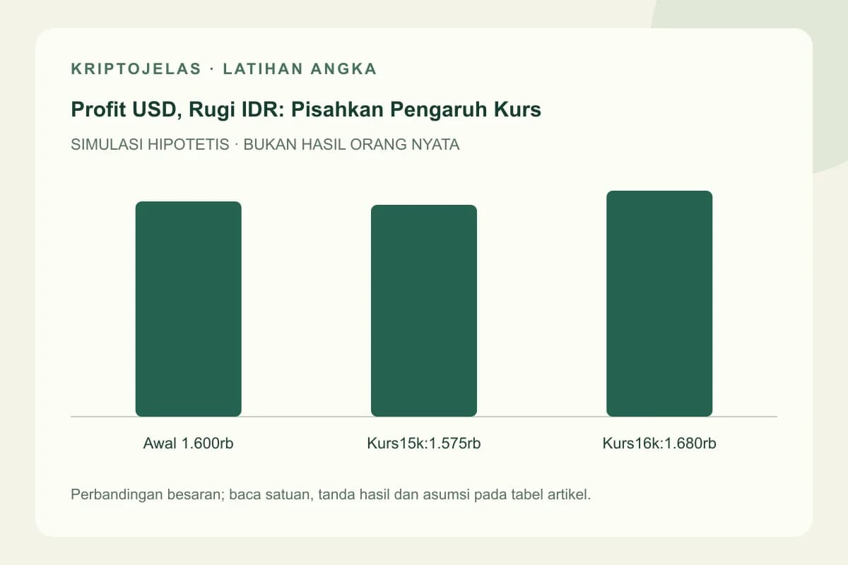 Diagram latihan profit usd rugi rupiah: Awal 1.600rb, Kurs15k:1.575rb, Kurs16k:1.680rb. Seluruh angka hipotetis, bukan hasil trader nyata.