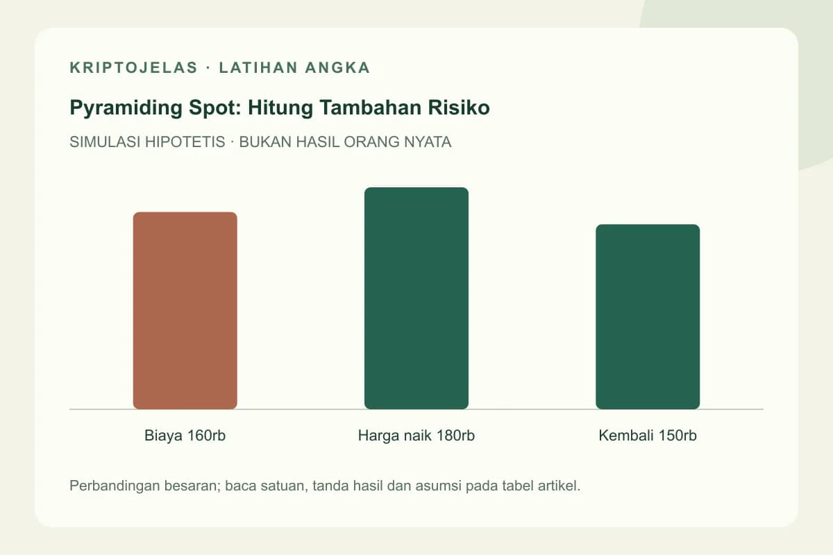 Diagram latihan pyramiding trading spot: Biaya 160rb, Harga naik 180rb, Kembali 150rb. Seluruh angka hipotetis, bukan hasil trader nyata.
