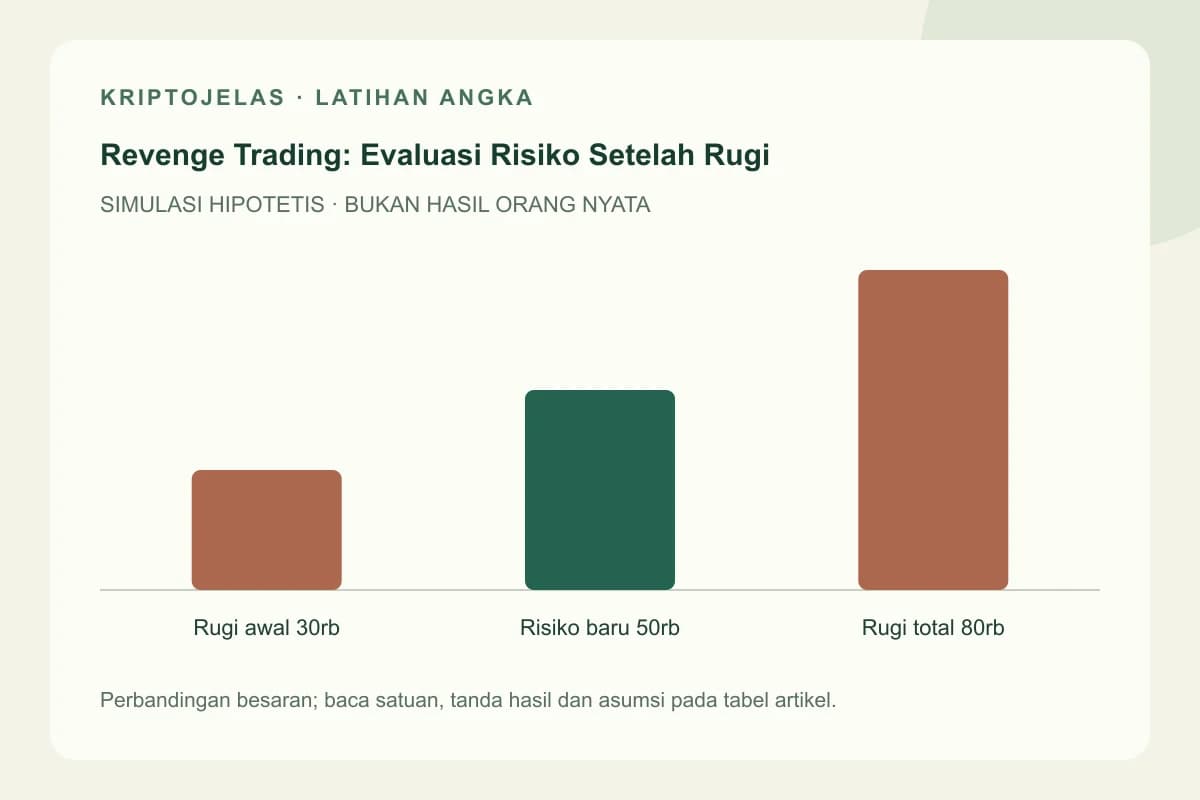 Diagram latihan revenge trading: Rugi awal 30rb, Risiko baru 50rb, Rugi total 80rb. Seluruh angka hipotetis, bukan hasil trader nyata.