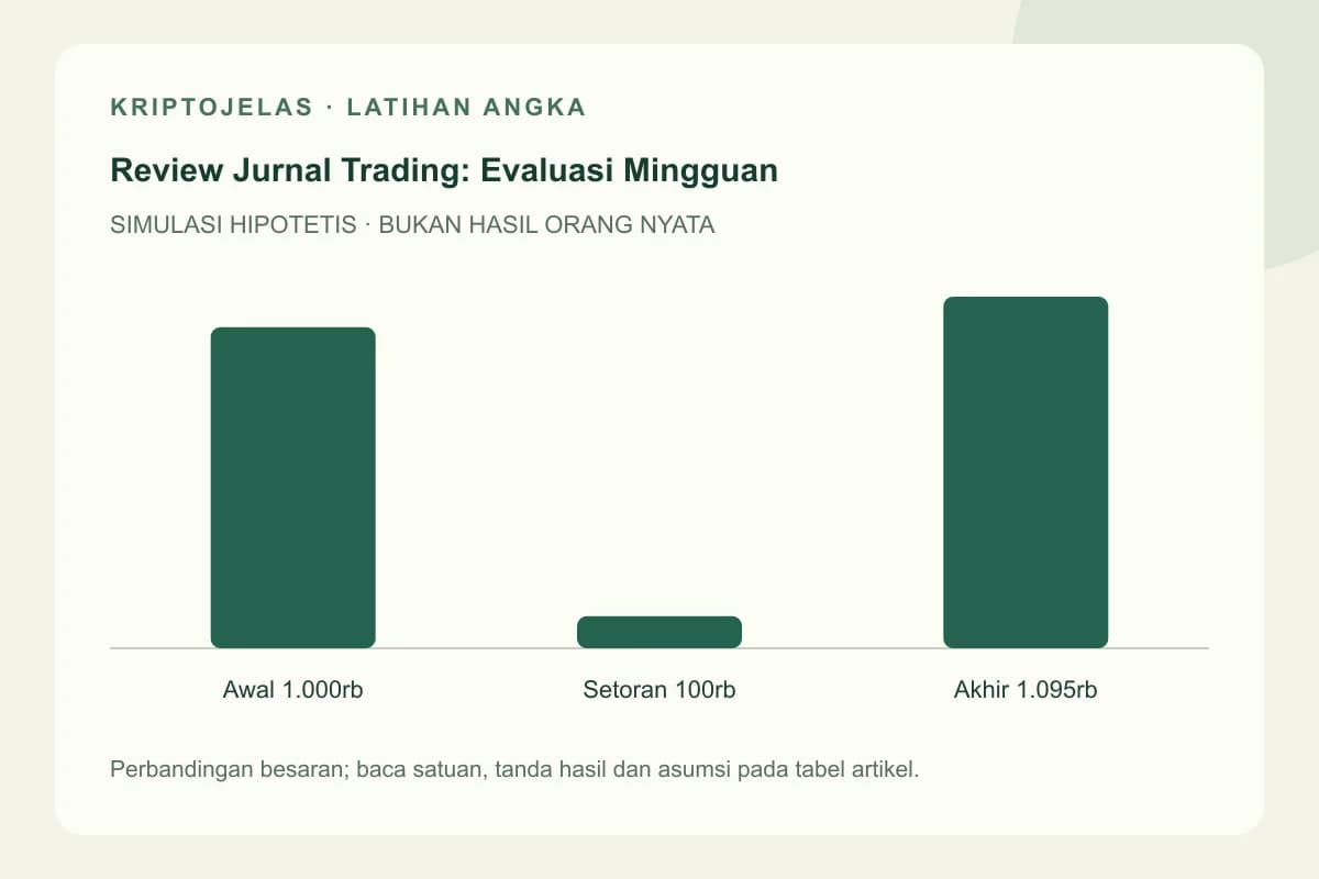 Diagram latihan review jurnal trading: Awal 1.000rb, Setoran 100rb, Akhir 1.095rb. Seluruh angka hipotetis, bukan hasil trader nyata.
