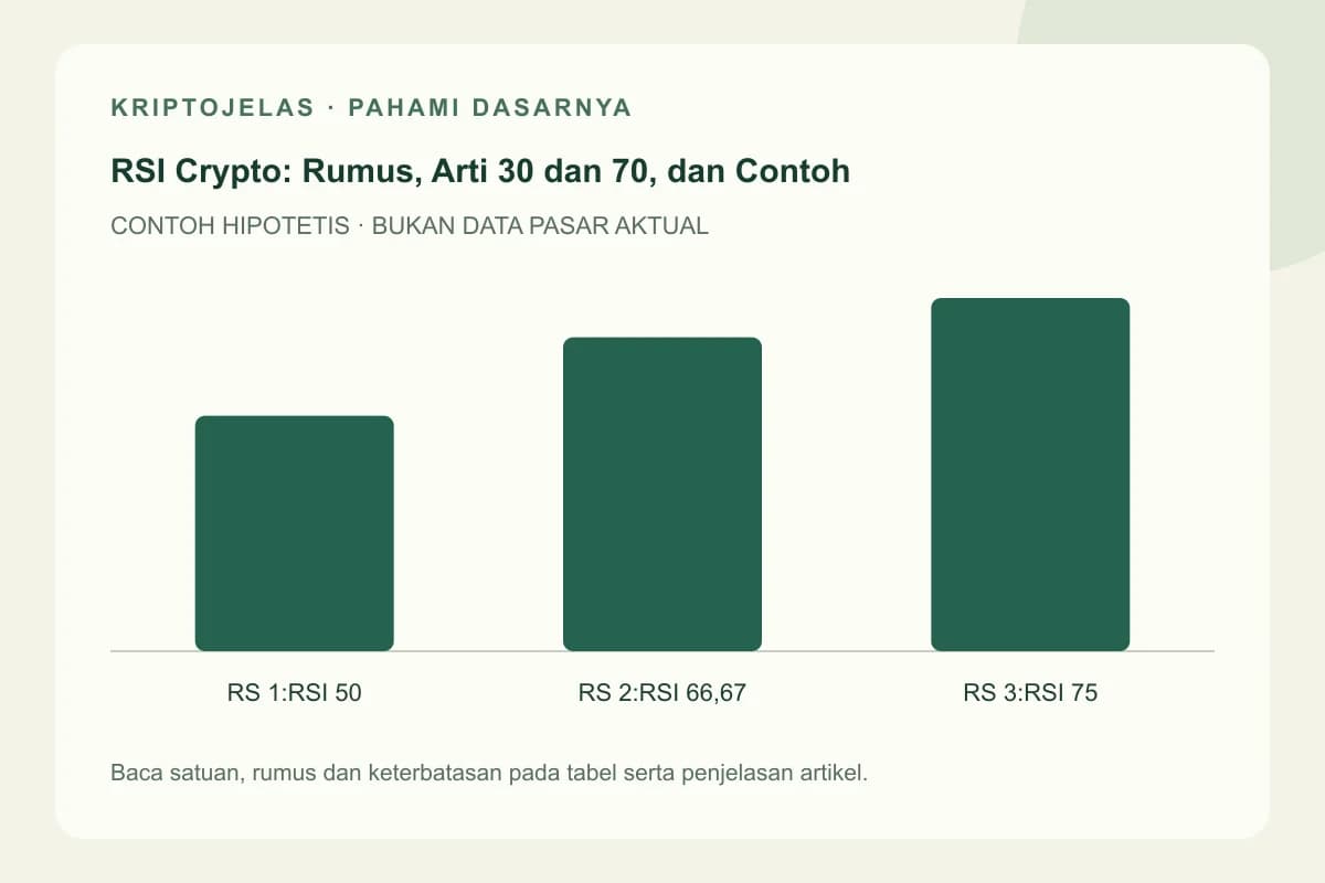 Diagram pendidikan rsi crypto: RS 1:RSI 50, RS 2:RSI 66,67, RS 3:RSI 75. Contoh hipotetis, bukan harga atau hasil pasar aktual.