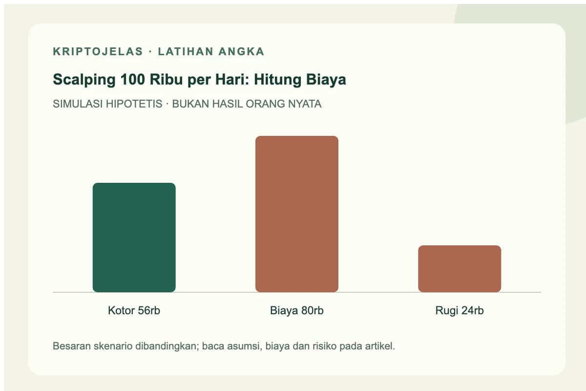 Diagram simulasi scalping 100 ribu per hari: Kotor 56rb, Biaya 80rb, Rugi 24rb. Angka latihan, bukan hasil trader nyata.