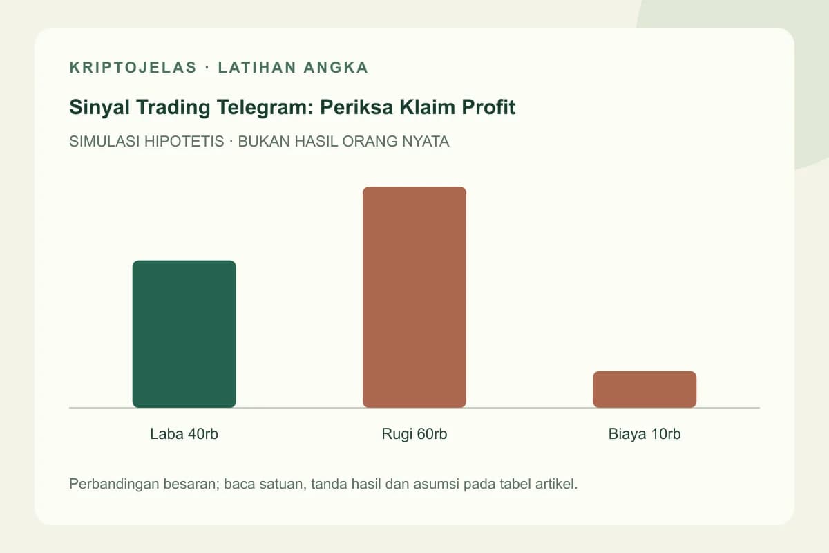 Diagram latihan sinyal trading Telegram: Laba 40rb, Rugi 60rb, Biaya 10rb. Seluruh angka hipotetis, bukan hasil trader nyata.