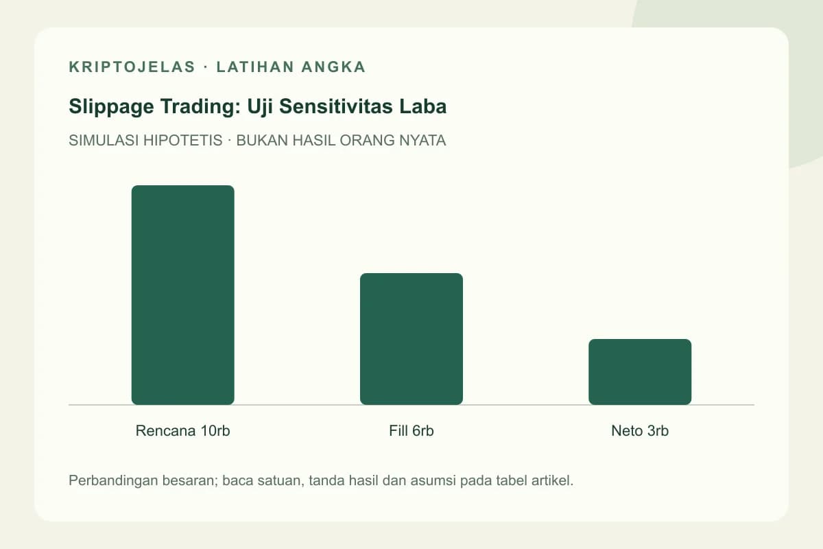 Diagram latihan slippage trading: Rencana 10rb, Fill 6rb, Neto 3rb. Seluruh angka hipotetis, bukan hasil trader nyata.
