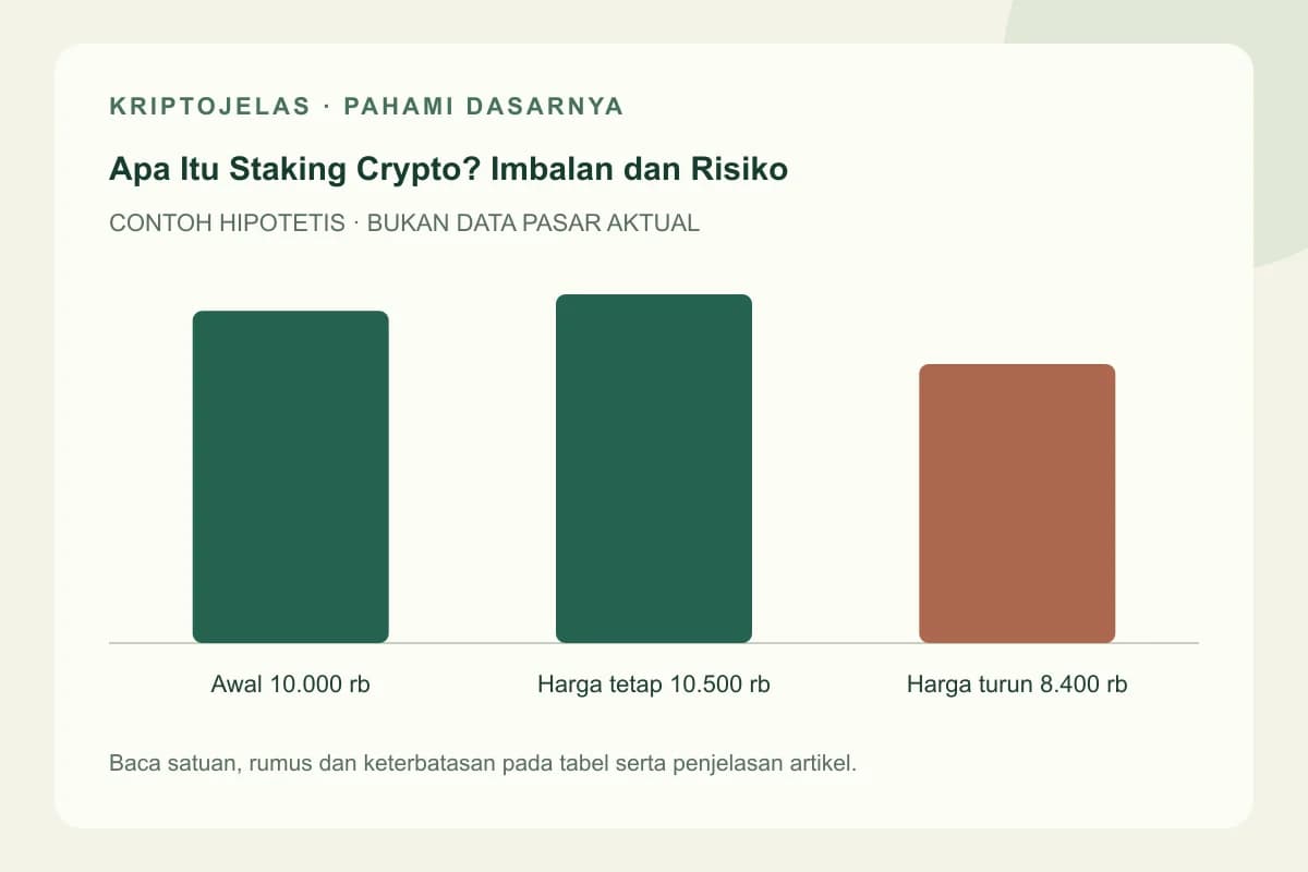 Diagram pendidikan staking crypto adalah: Awal 10.000 rb, Harga tetap 10.500 rb, Harga turun 8.400 rb. Contoh hipotetis, bukan harga atau hasil pasar aktual.