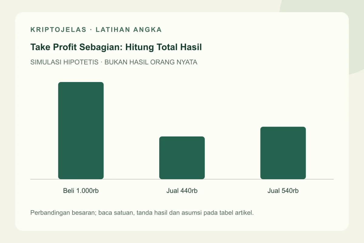 Diagram latihan take profit sebagian: Beli 1.000rb, Jual 440rb, Jual 540rb. Seluruh angka hipotetis, bukan hasil trader nyata.