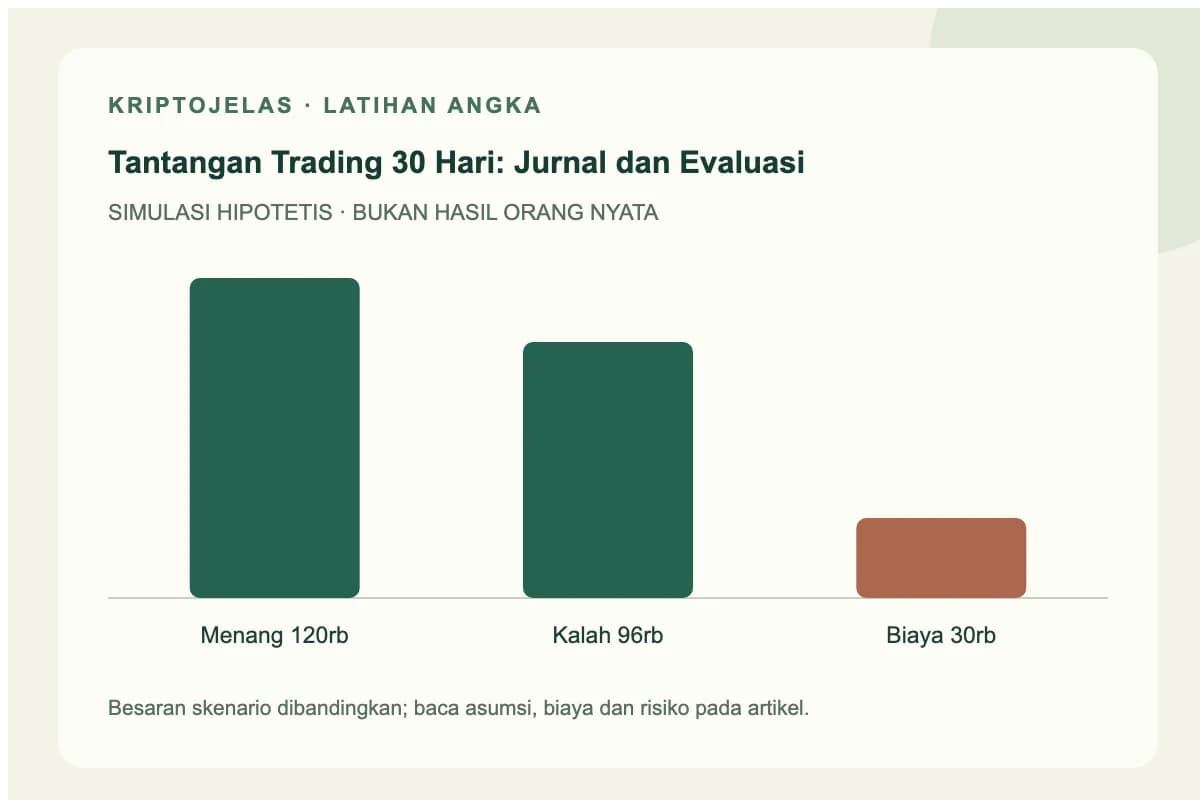 Diagram simulasi tantangan trading 30 hari: Menang 120rb, Kalah 96rb, Biaya 30rb. Angka latihan, bukan hasil trader nyata.