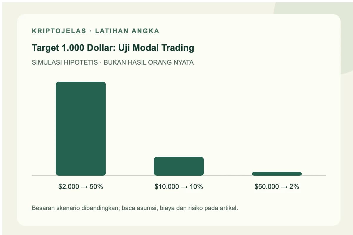 Diagram simulasi 1000 dollar trading: $2.000 → 50%, $10.000 → 10%, $50.000 → 2%. Angka latihan, bukan hasil trader nyata.